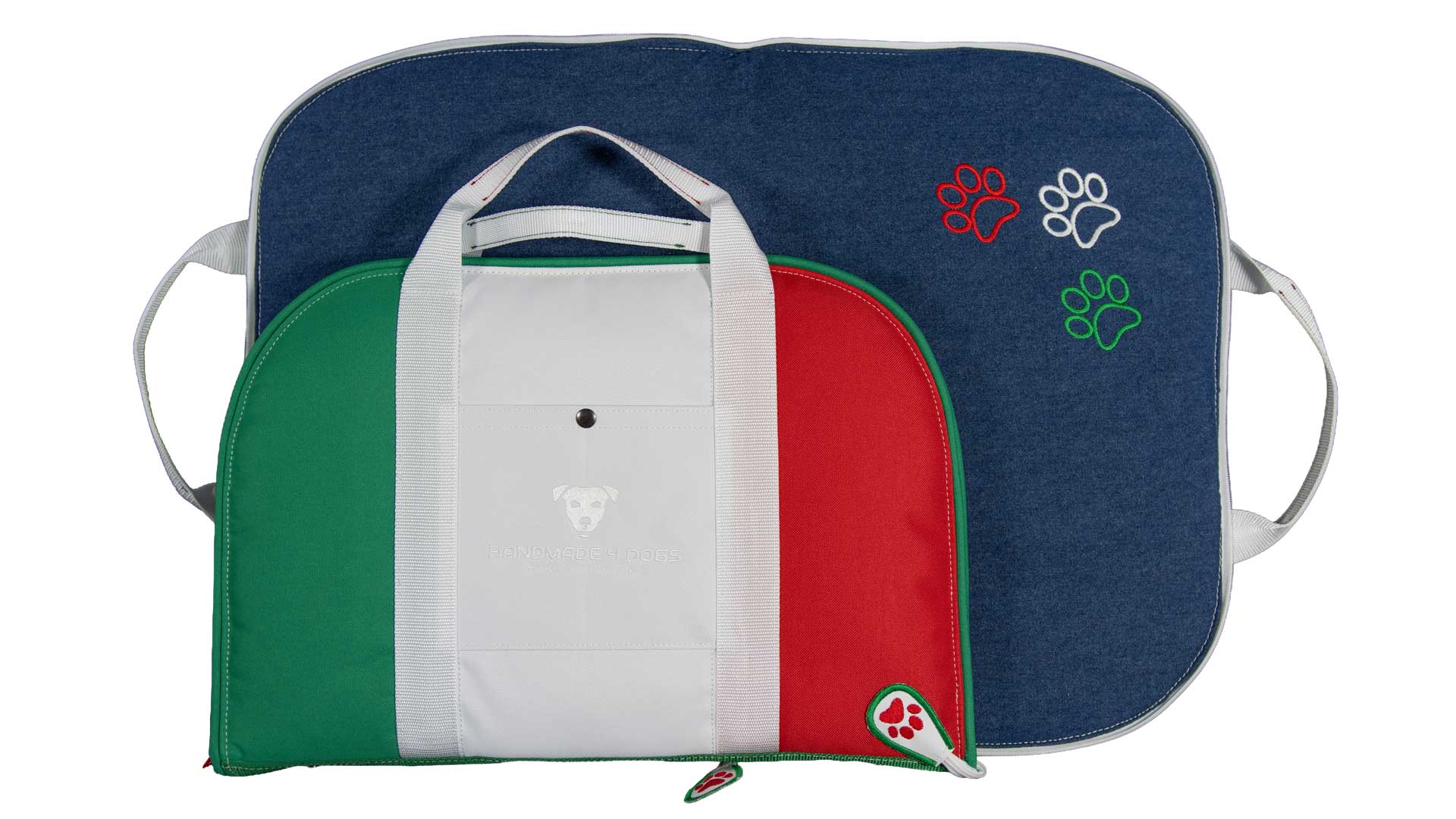 Hundereisebett Bella Italia geschlossen als Tasche und geöffnet mit dunkelblauer Denim-Liegefläche