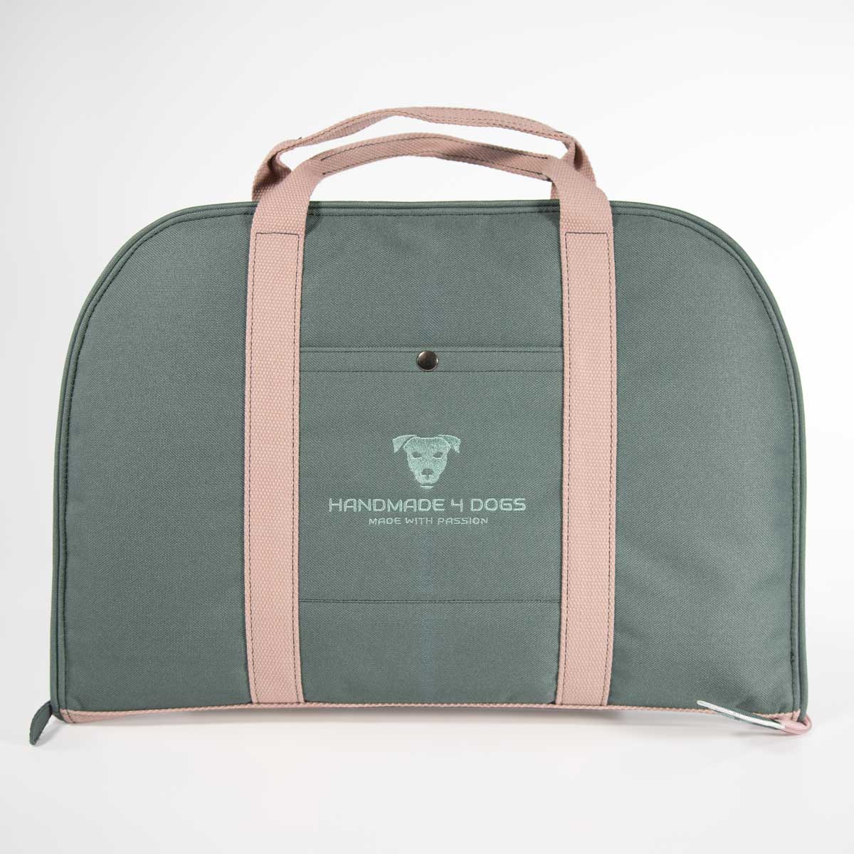 Hundereisebett Dog Bed To Go AquaGreen in Petrol geschlossen von vorne mit puderfarbenen Tragegurten