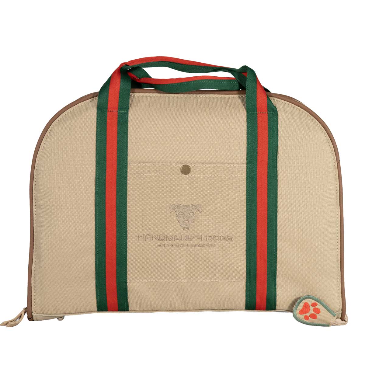 Geschlossenes Hundereisebett Dog Bed to Go Ducci in Beige mit grün-roten Tragegurten