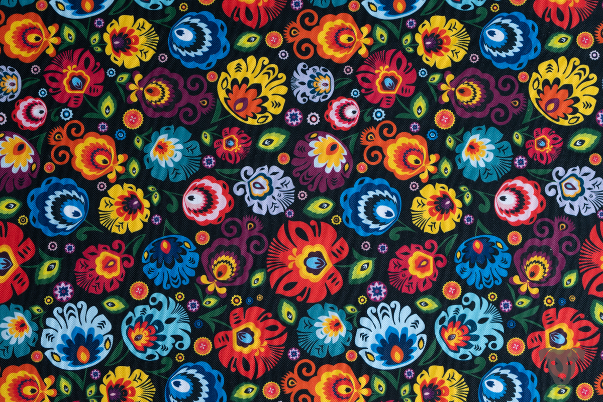 Musteransicht des mehrfarbigen Folk-Blumenmusters auf dunklem Hintergrund für das Dog Bed To Go LIGHT von handmade4dogs.