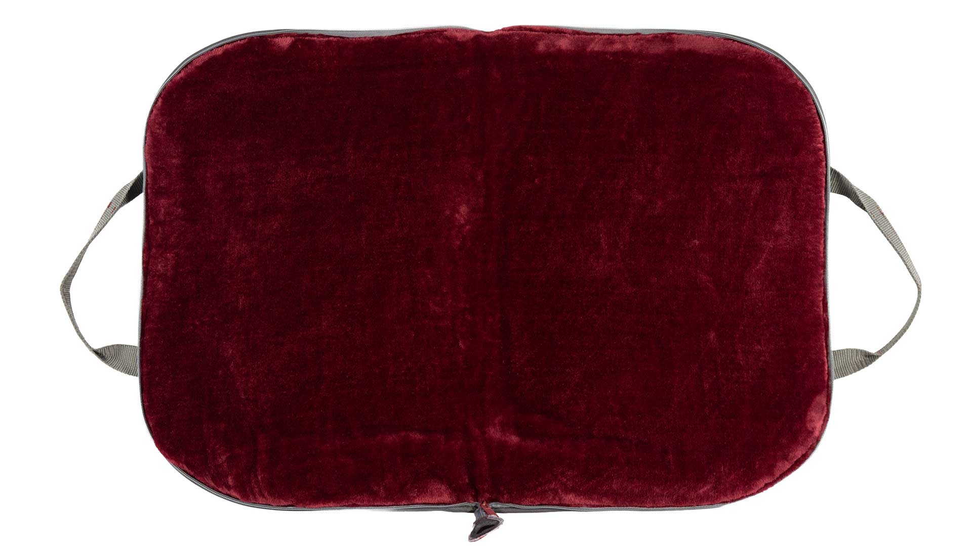 Hundereisebett Dog Bed To Go Grau Rubinrot geöffnet mit rubinroter Microfleece-Liegefläche