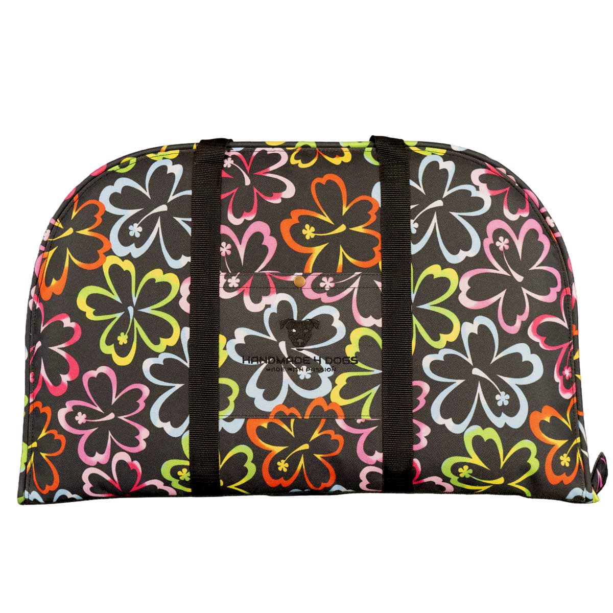 Geschlossenes Hundereisebett Dog Bed to Go Hibiscus mit buntem Blumenmuster und schwarzen Trageriemen