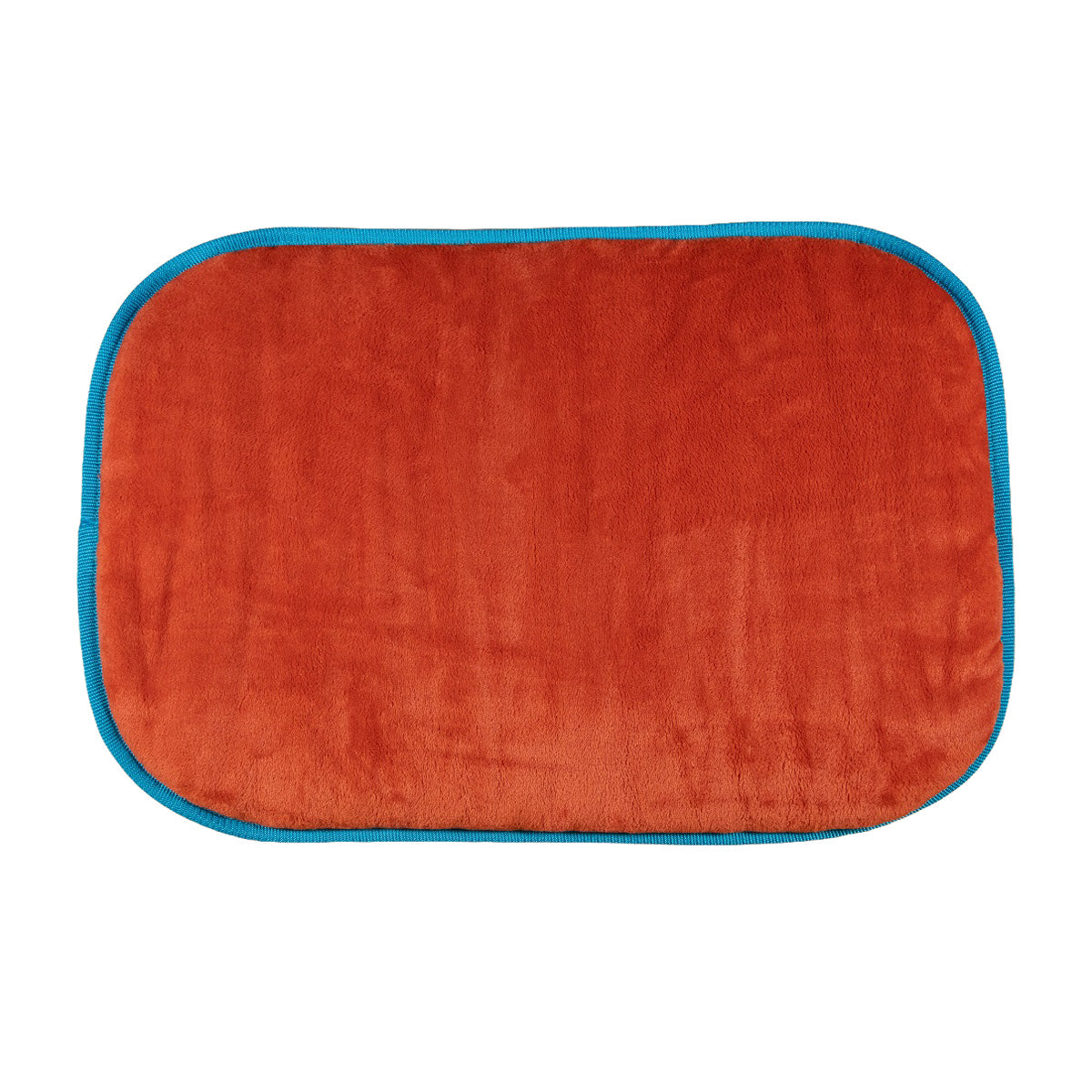 Dog Bed To Go LIGHT Hundereisebett mit blutorangefarbener Microfaser-Liegefläche, 4 cm Polsterung und türkiser Einfassung.