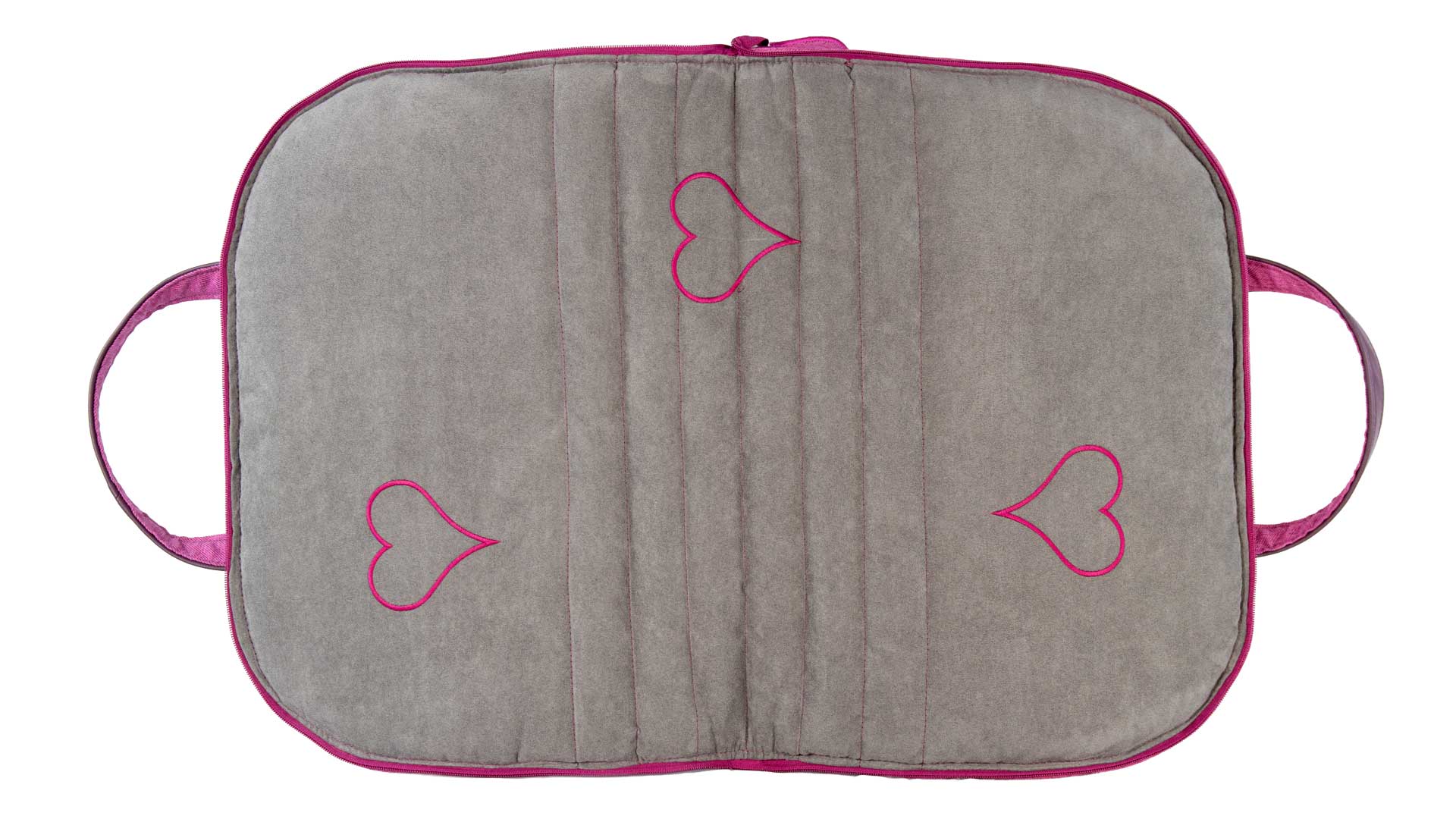 Hundereisebett Dog Bed To Go Magenta Denim-Look geöffnet mit grauer Alcantara-Liegefläche und Herzstickerei