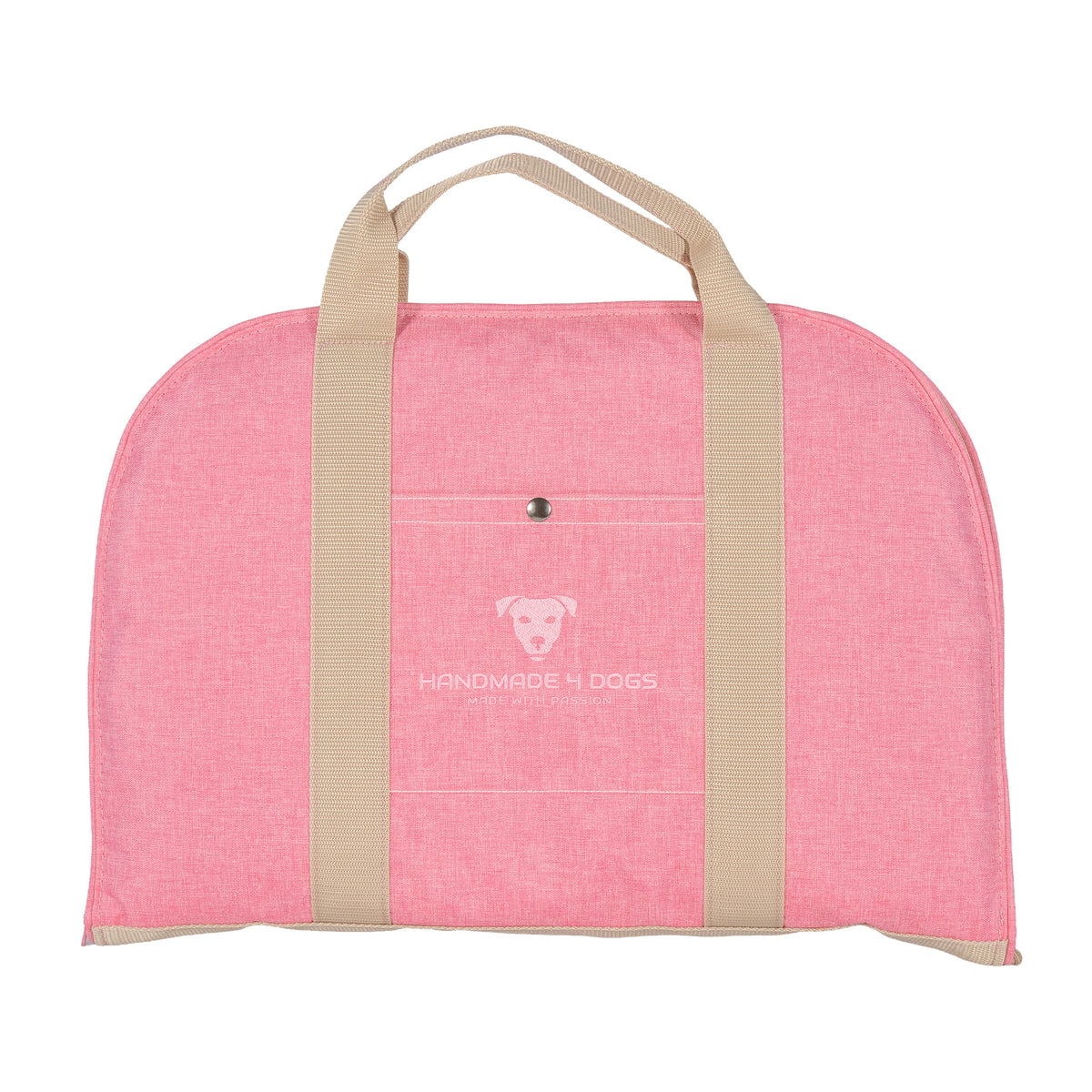 Vorderansicht des Dog Bed To Go in Pink mit Leinenoptik, Fronttasche mit Druckknopf und gesticktem handmade4dogs Logo.