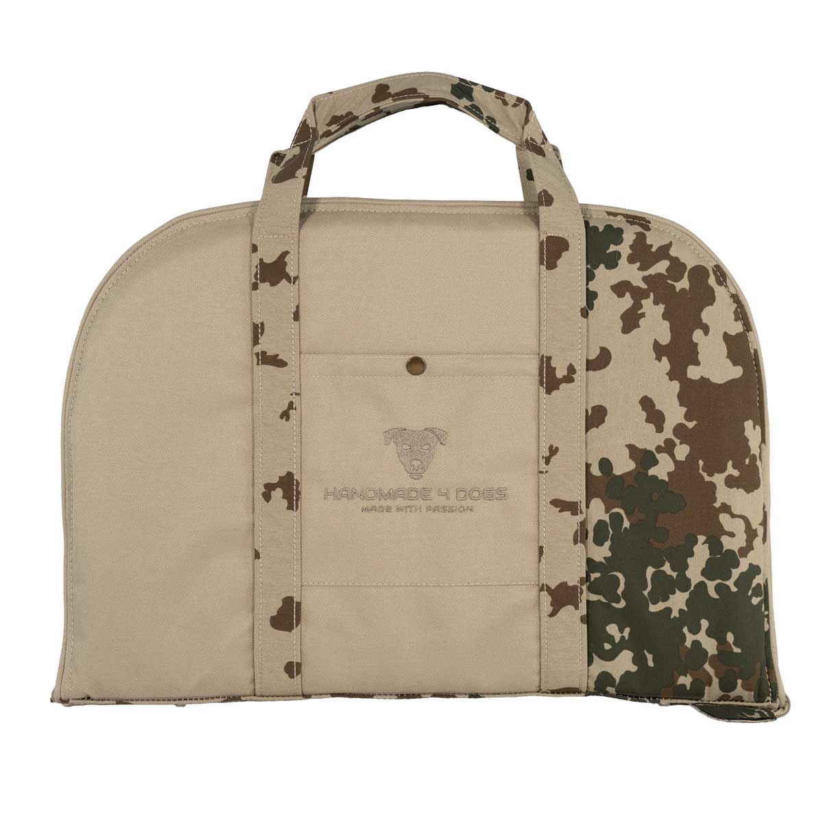 Geschlossenes Hundereisebett Dog Bed to Go in Sand mit Camouflage-Elementen und aufgesetzter Fronttasche