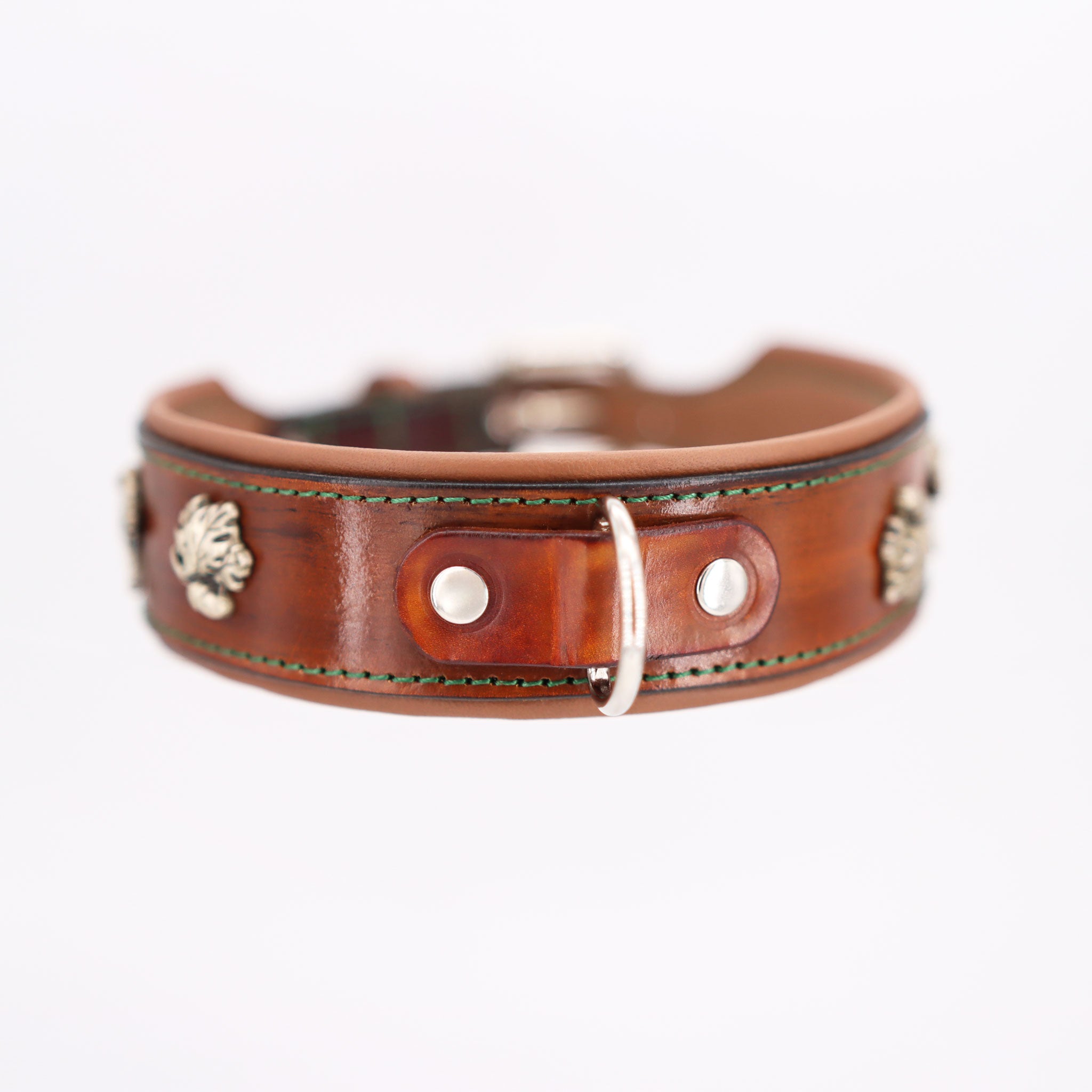 Handgefertigtes Jagdhalsband aus Leder mit D-Ring und grüner Naht