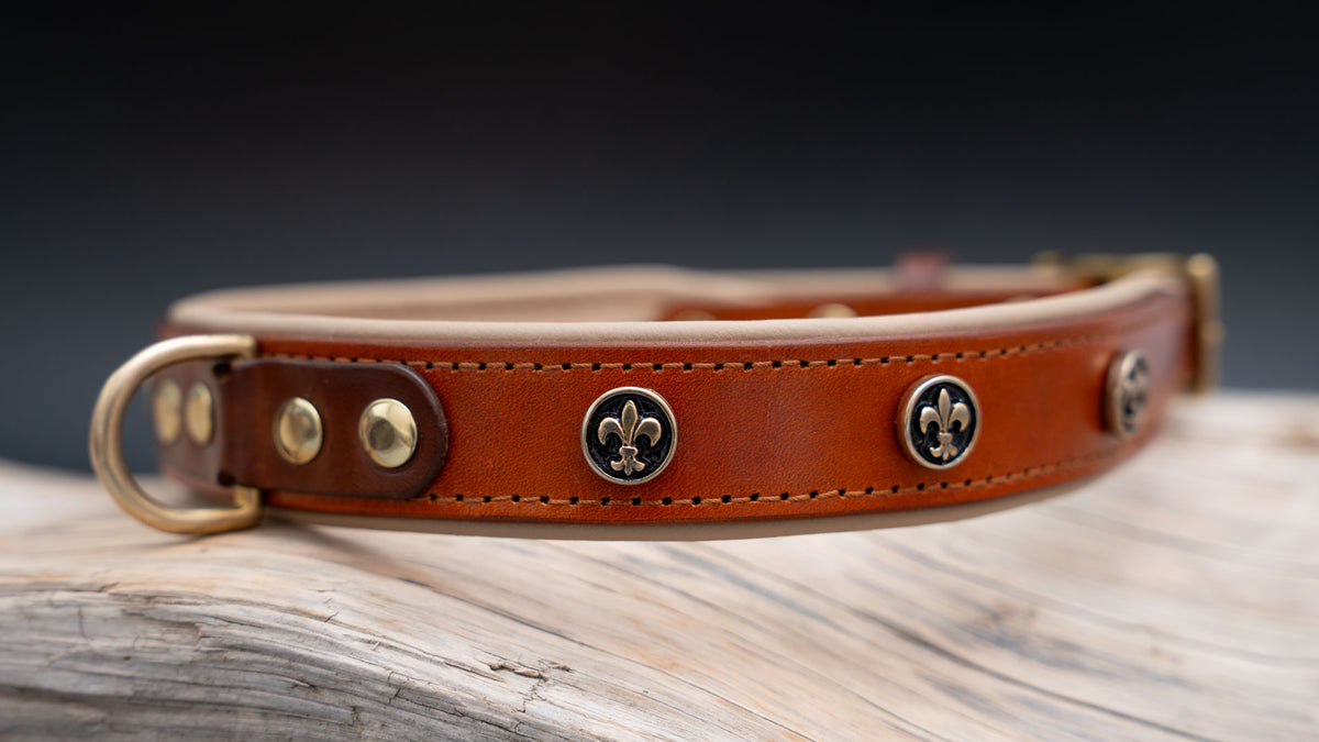 Lederhalsband Fleur de Lys Gold in Cognac mit vergoldeten Lilien und sandfarbener Nappa-Unterlegung in seitlicher Ansicht.