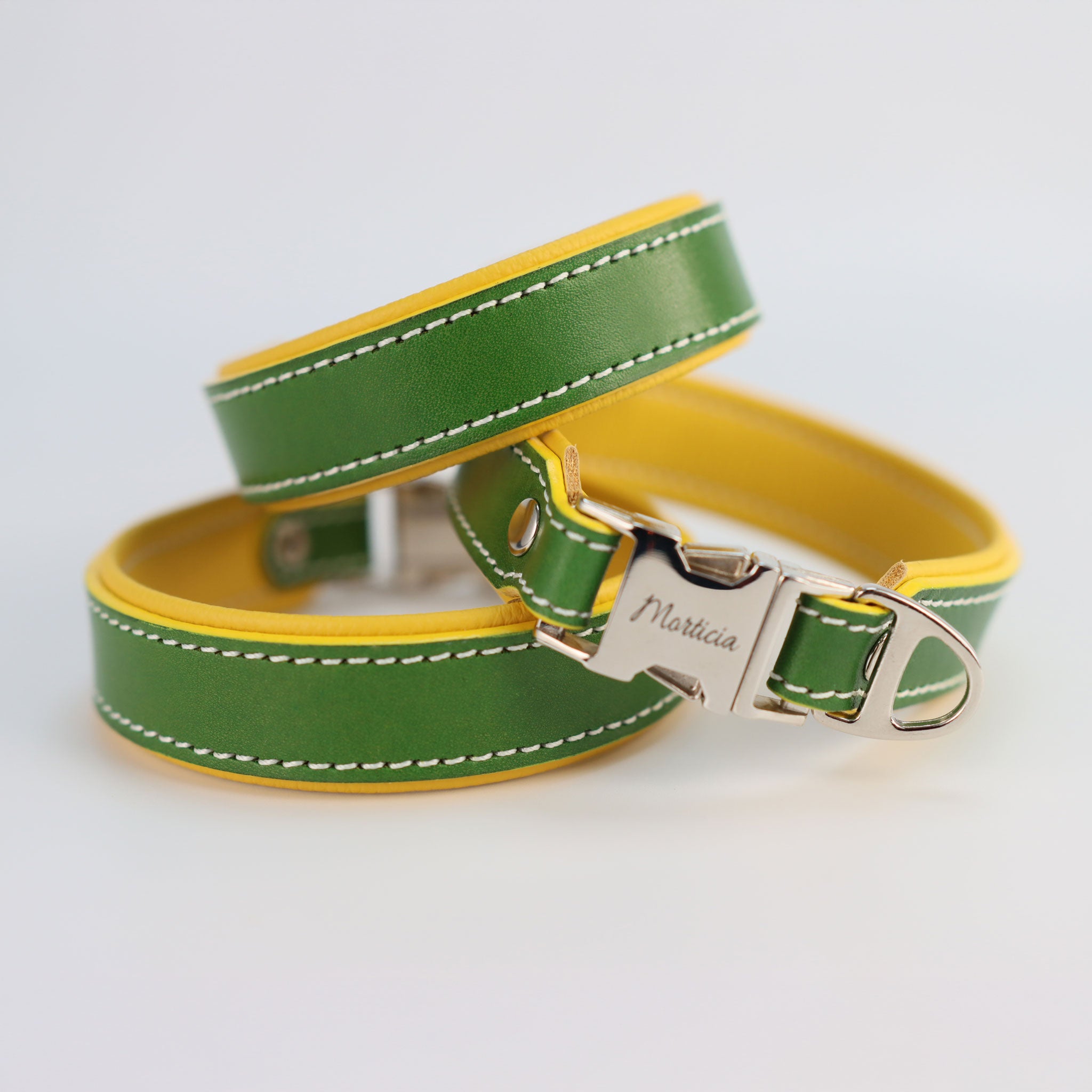 Handgefertigtes Hundehalsband aus Leder in Grasgrün und Gelb mit Gravur Morticia