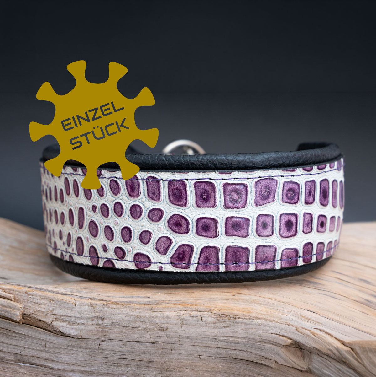 Lederhalsband Kroko-Optik "Weiß & Lila" mit Lederzug-Stopp (5cm Breit)