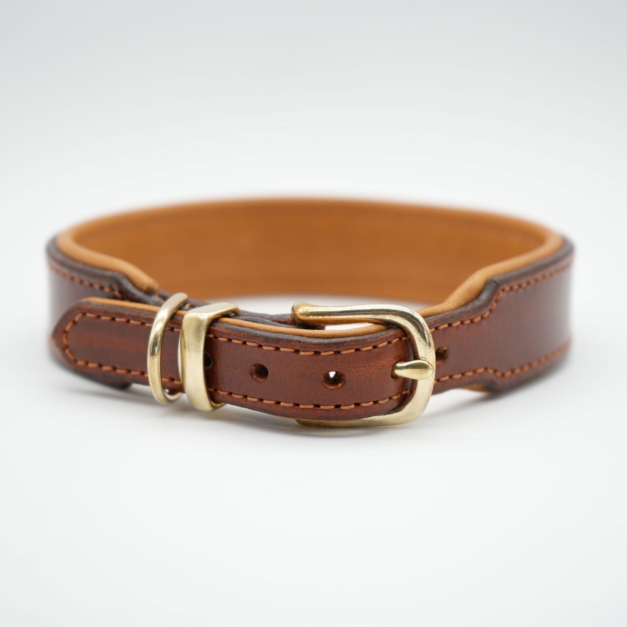 Verschlussseite des Hundehalsbands mit verjüngtem Lederriemen und Messingbeschlägen