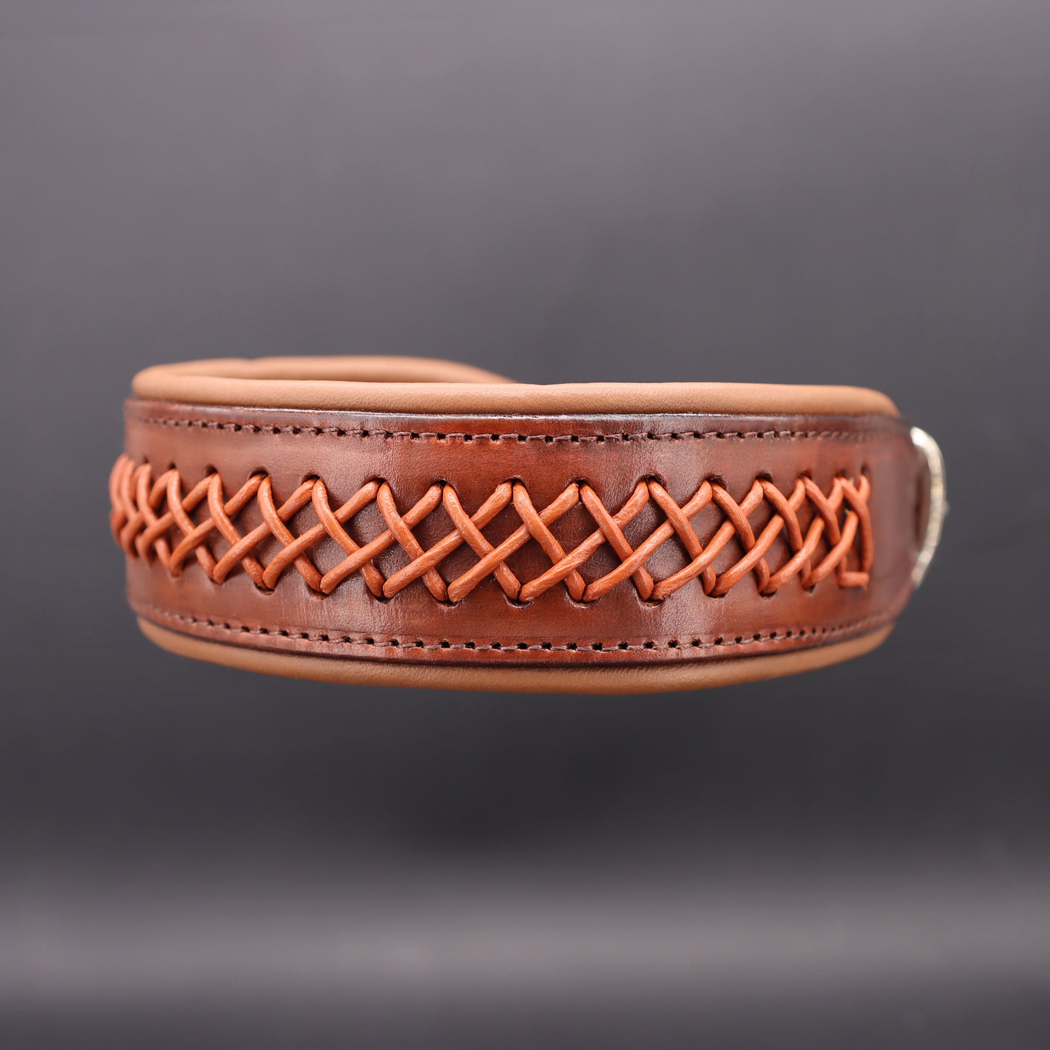 Seitenansicht des 5 cm breiten, gepolsterten Lederhalsbands für Hunde