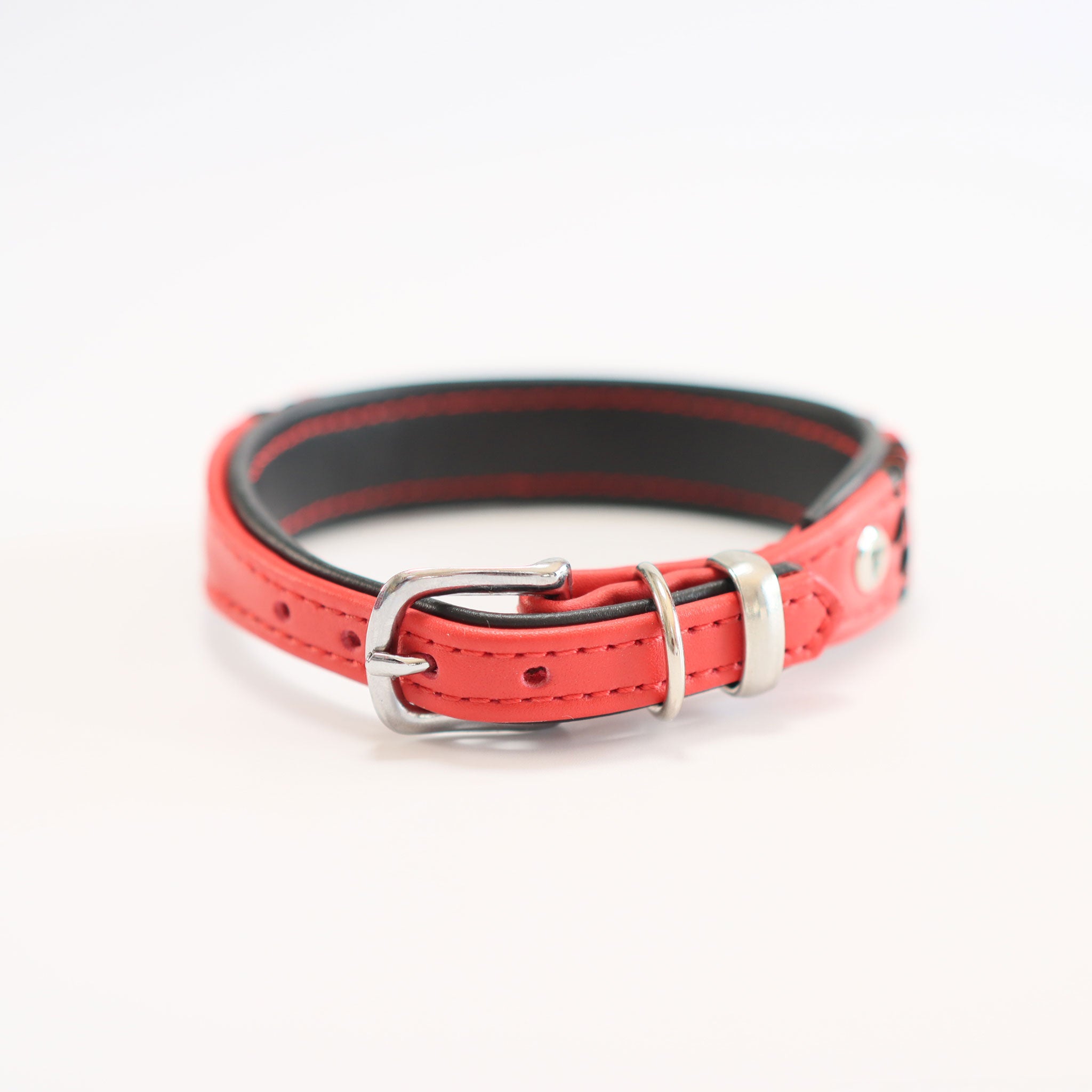 Hochwertiger Edelstahl-Verschluss und Dornschließe an einem roten Lederhalsband