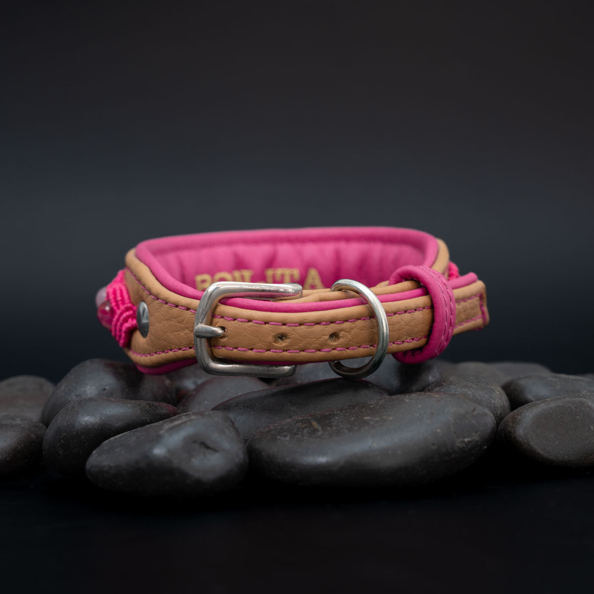 Rückansicht des Lederhalsbands mit Edelstahlschnalle, silberfarbenem D-Ring, pinker Lederschlaufe und pinker Innenseite.