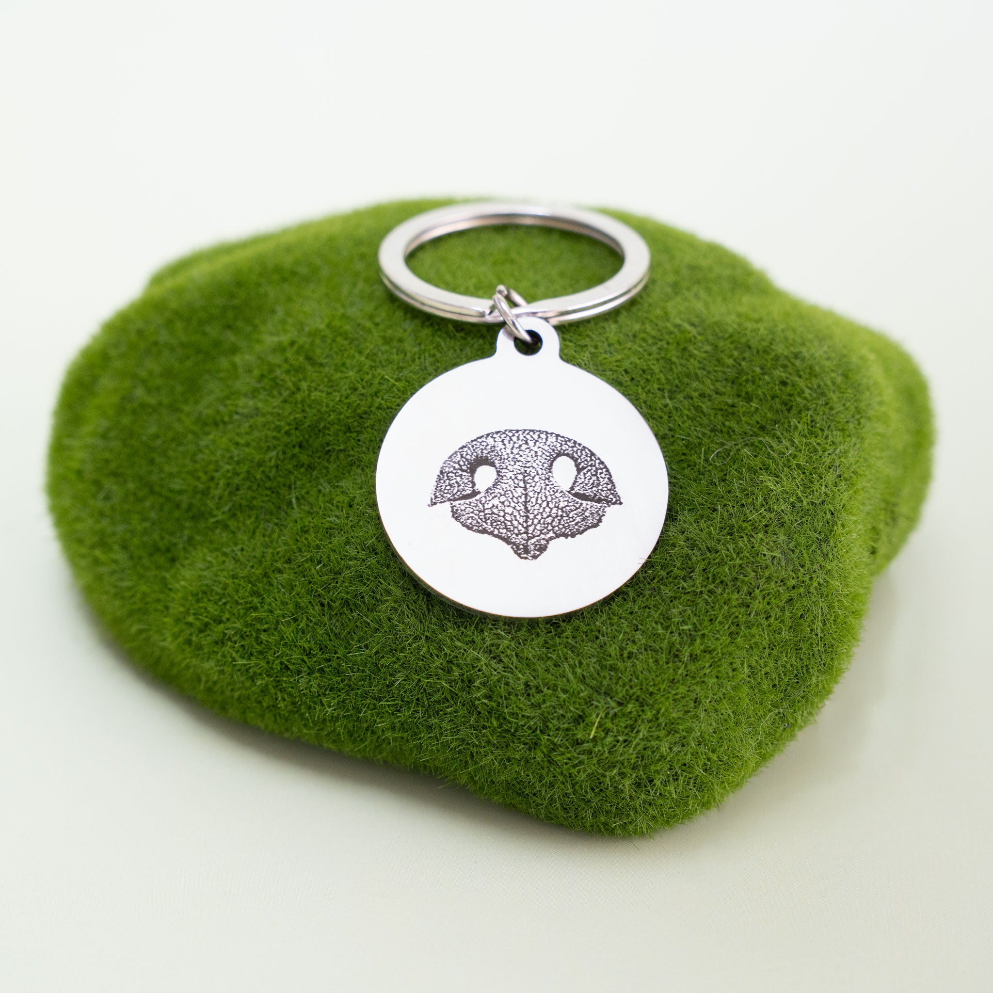 Runder Edelstahl-Schlüsselanhänger mit graviertem Hundenasenabdruck auf Moos-Untergrund.