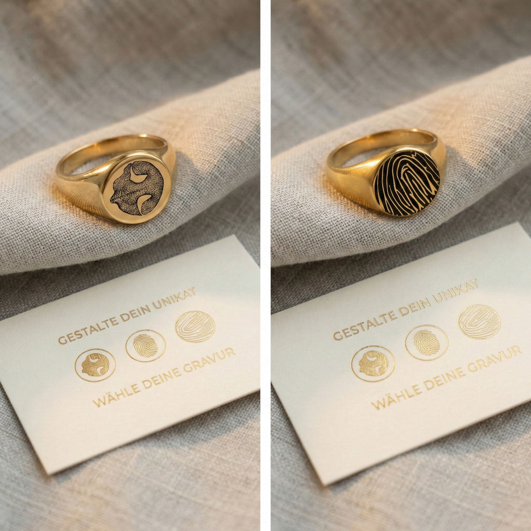 Personalisierte Siegelringe in Gold mit Nasenabdruck und Fingerabdruck Gravur