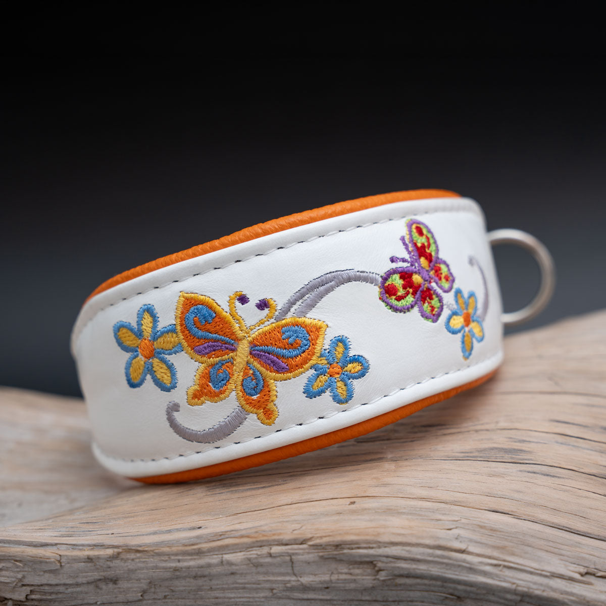 Ergonomisches Windhundhalsband in Fischform aus weißem und orangem Leder.