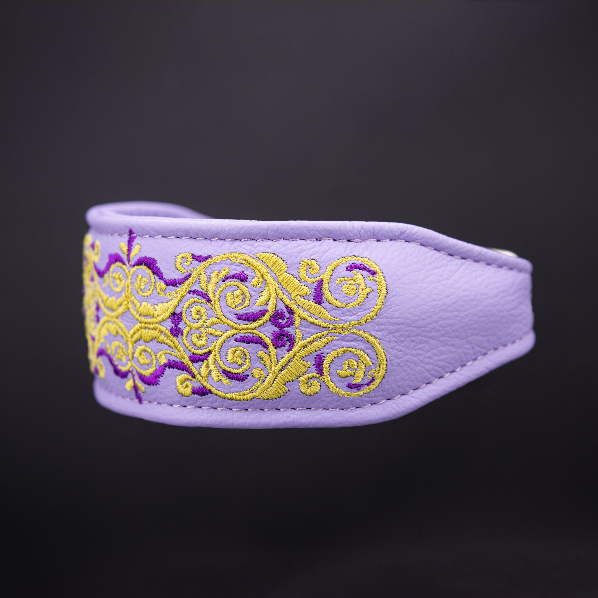 Seitenansicht des 5 cm breiten, gepolsterten Lederhalsbands mit Verjüngung zum Verschluss