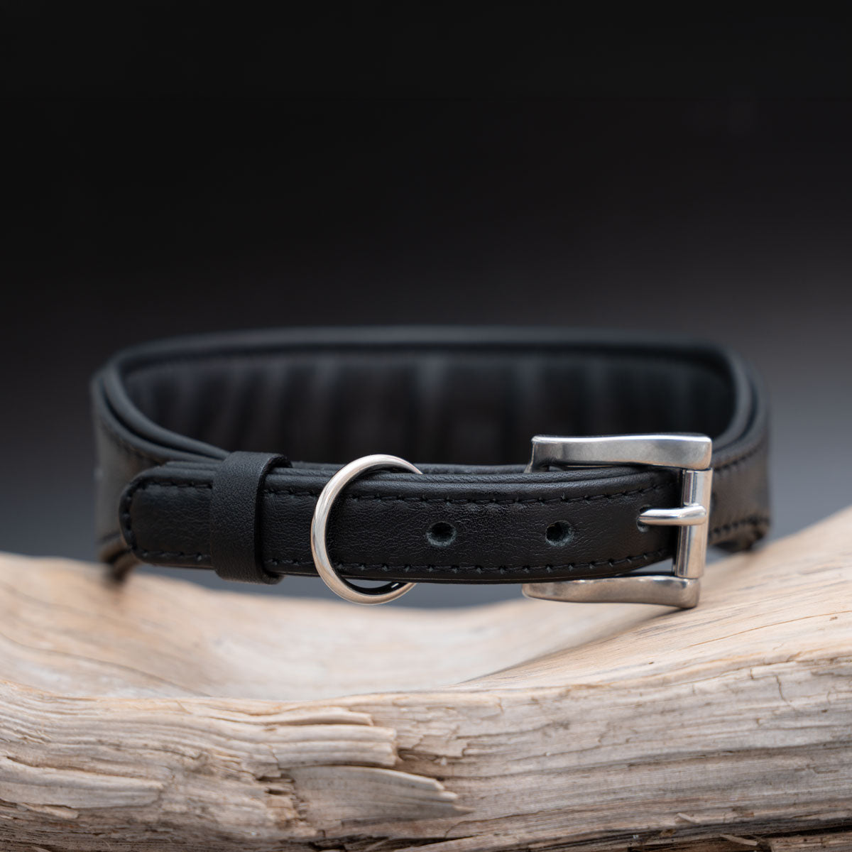 Edelstahlschnalle, Leinenring und schwarze Lederschlaufe am Windhundhalsband aus Nappaleder.